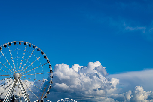 May 8, 2022: Seattle, Washington U.S.A.- A dramatic Elliott Bay Cloudscape behind a Ferris Wheel.