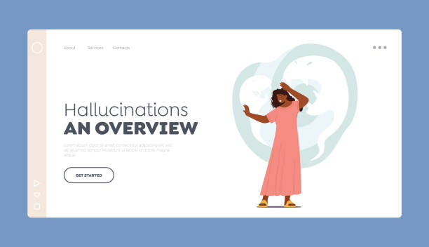 Hallucinations and Overview Landing Page Template. Schizophrenia Mental Disorder, Dissociative Identity Mental Disease Hallucinations and Overview Landing Page Template. Schizophrenia Mental Disorder, Dissociative Identity Mental Disease. Female Character with Split Personality Sickness. Cartoon Vector Illustration dissociative identity disorder stock illustrations