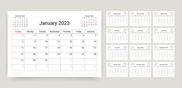 2023 calendar. Planner template. Week starts Sunday. Yearly calender organizer. Desk schedule grid. Table monthly diary layout with 12 month. Vector illustration. Paper size A5. Horizontal design.
