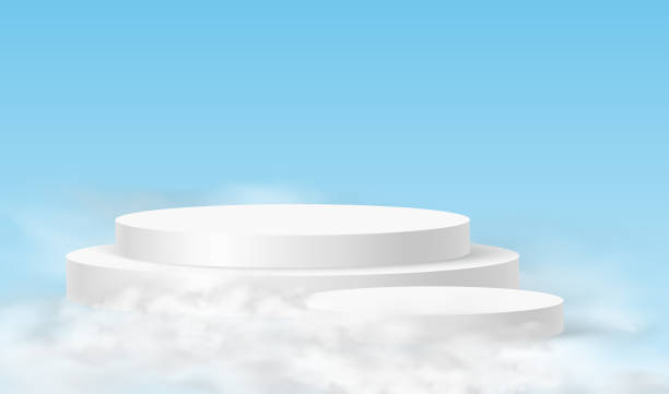 istock Podium sky. Minimalistic background with white podiums in the clouds. 3d realistic pedestals product for product demonstration and sky clouds 1406813616