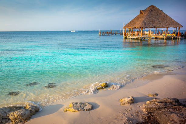 Relaxing Palapa in Caribbean sea - Isla Mujeres, Cancun - Mexico stock photo