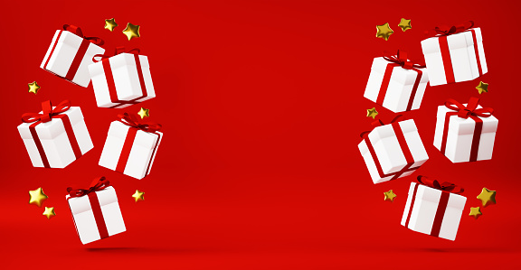 3D Illustration.White gift boxes and gold stars on a red background.