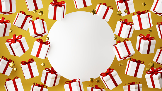 White present box and gold star on gold background. White circle in the center.