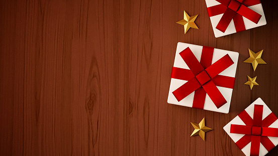 3D Illustration.Present box and star on wood grain background. (brown)