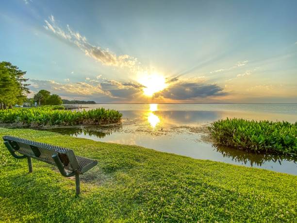 Park bench with view of brilliant sunset at Newton Park on Lake Apopka stock photo