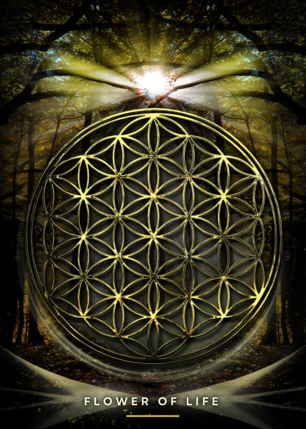 Poster, Wallpaper with Flower Of Life in beautiful, mystical nature landscape (forest, mountains) stock photo