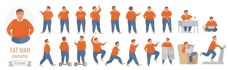 Cartoon body positive male character showing different postures action poses in front, side or back view isolated. Fat man poses vector illustration set.
