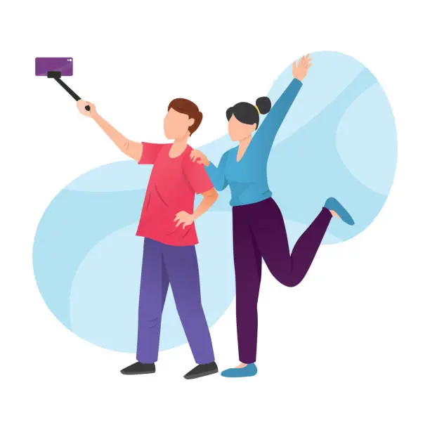 Vector illustration of Taking photo with smartphone, friends taking a selfie and laughing. Friendship and youth concept