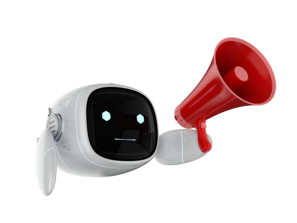 concepto de marketing en línea con un robot pequeño y lindo sin megáfono de sujeción de piernas - announcement message robot public speaker message fotografías e imágenes de stock