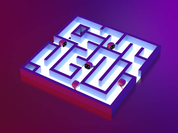 istock Cute and small robot in maze 1406822359