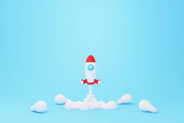 istock Creative thinking ideas and innovation concept. Rocket flying on blue background and white light bulb. 3d render illustration 1406825103