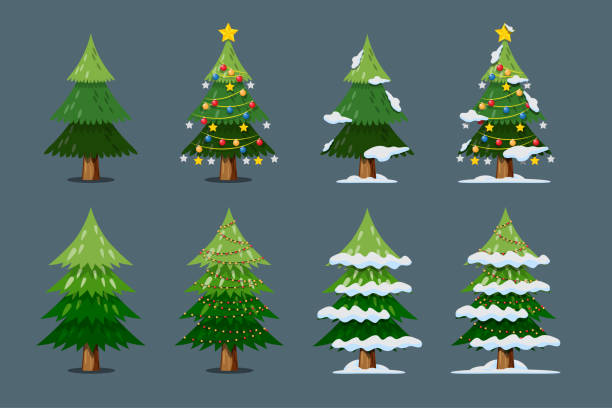 ilustraciones, imágenes clip art, dibujos animados e iconos de stock de árbol de navidad vectorial aislado con bombilla, estrellas y bolas, nieve en las hojas sobre fondo blanco. - luces de navidad
