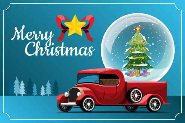 Vector illustration of Merry Christmas Vector illustration Retro pickup truck Vintage style with christmas tree.