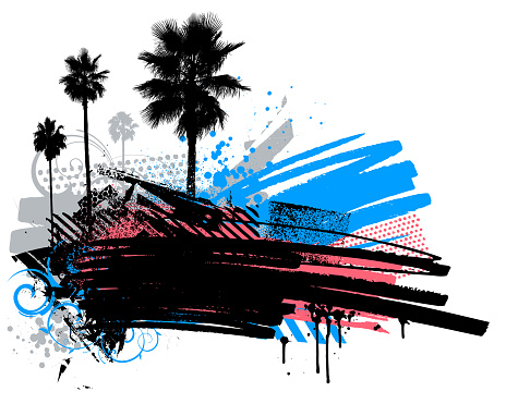 Modern black blue pink colored grunge vector design with palm trees and urban textures