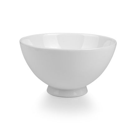 Studio Shot of empty white porcelain Serving Bowl, isolated on white background, side view.