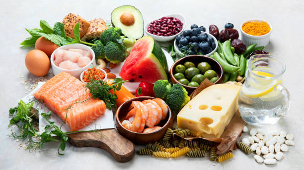 istock Healthy food assortment on light background. 1406836982