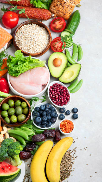 istock Healthy food assortment on light background. 1406836984