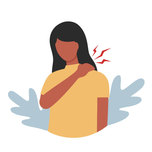 Black woman has neck and shoulder pain symptom in flat design on white background. Bone or muscle problem. Office syndrome. Black woman has neck and shoulder pain symptom in flat design on white background. Bone or muscle problem. Office syndrome. back pain stock illustrations