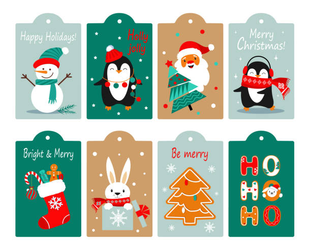 크리스마스 선물 레이블의 벡터 일러스트 레이 션 세트 - bird christmas holly christmas stocking stock illustrations