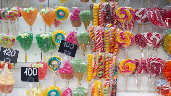 Colorful lollipops on the counter in the city of Kazan in Russia. Sweet treat on the market.