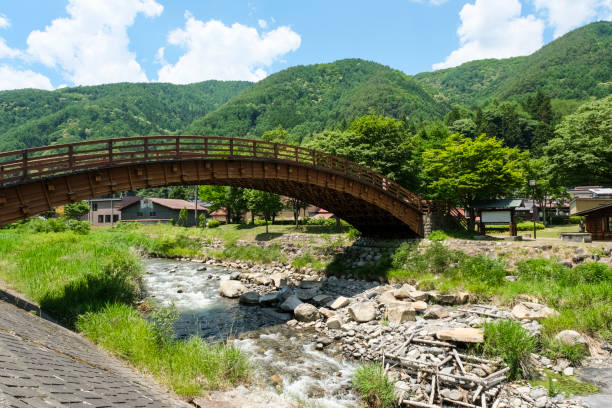Wooden bridge Kiso Ohashi, which is famous for its Japanese cypress drum bridge chamaecyparis stock pictures, royalty-free photos & images