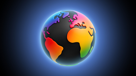 Rainbow colored cartoon style 3d planet Earth on dark gradient background. Multicolored planet Earth. Vector illustration