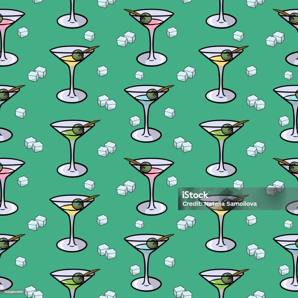 Green Print Glass Martini Glasses With Green Olive Color Seamless Square  Pattern Stock Illustration - Download Image Now - iStock