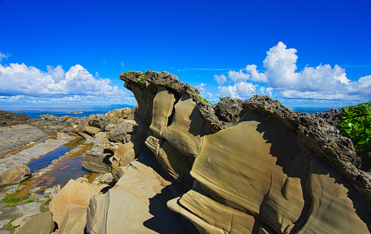 The erosion of the ocean and weathering. Forms strange rocks and stones. Fugang Geopark (Xiaoyeliu), Natural stone sculptural park. Taitung County, Taiwan. 2022