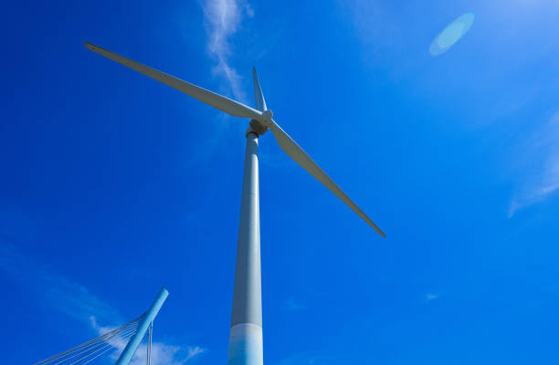 A wind power landscape under blue sky and white clouds. The windmills is a scenic Spots in Gaomei wetland, Taichung City, Taiwan.