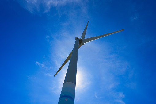 A wind power landscape under blue sky and white clouds. The windmills is a scenic Spots in Gaomei wetland, Taichung City, Taiwan.