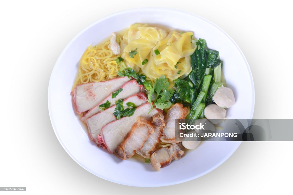 Chinese Noodle With Barbecue Pork And Wanton In The Soup on White background (clipping path) Appetizer Stock Photo