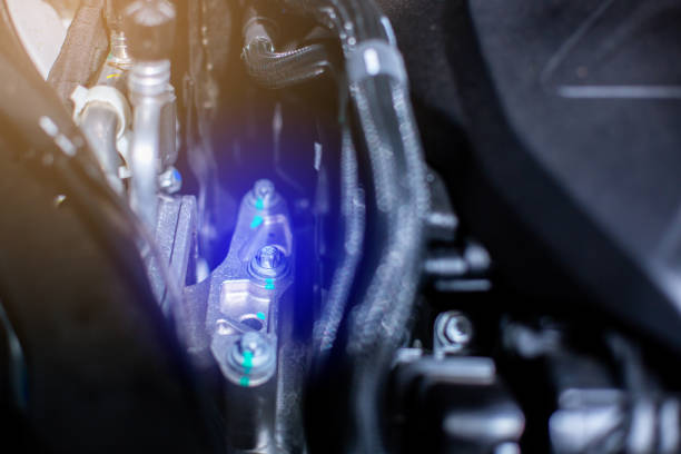 istock Selective focus to marker paint on nut or connection for validate checking in car engine room. 1406846977