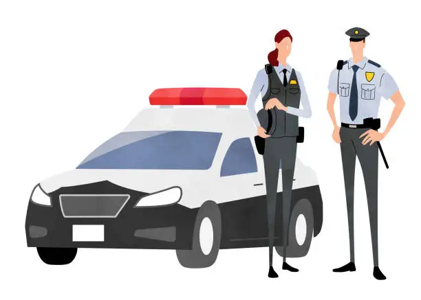 Vector illustration of Vector illustration material: police officer, police car, men and women
