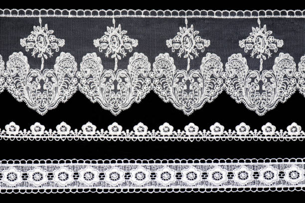 istock Set white laces with flowers isolated on black background horizontally 1406847858