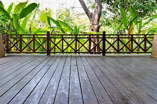 Empty wooden deck in the garden.