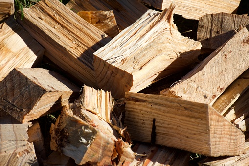 Close-up of freshly split logs in a wood pile.