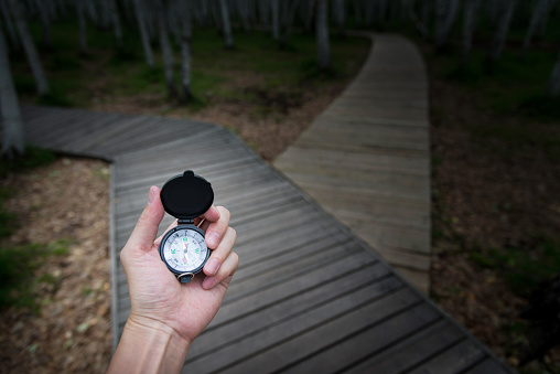 Human hand holding a compass on the forked road.