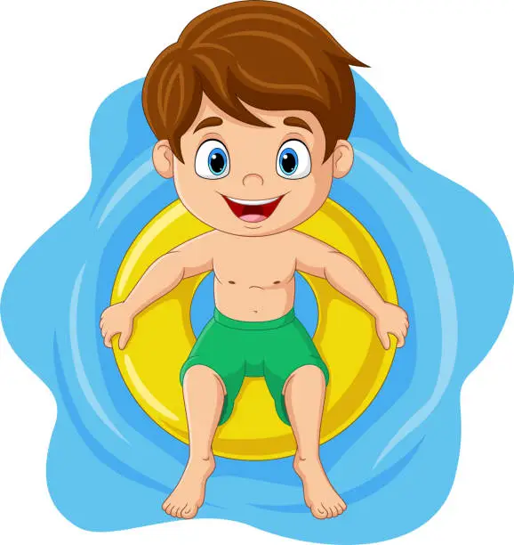 Vector illustration of Cartoon little boy floating with inflatable ring