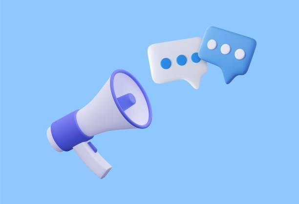 istock Megaphone with messages icon isolated on background. Online marketing with loudspeaker. Blue and White. 3D Rendering 1406850468