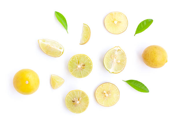 istock Lemon fruit and Lemon slices with green leaves on white background 1406853239