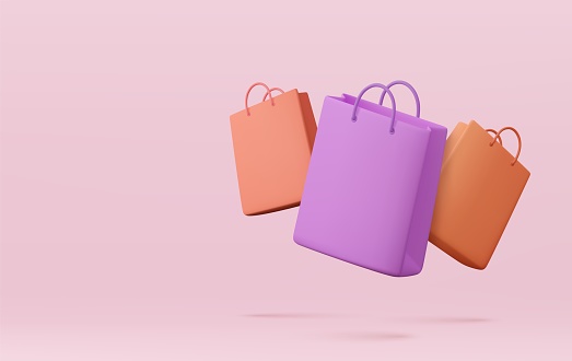 3d Shopping bag, handbag. Banner for online shopping. Sale, discount, promotion, Online shopping concept. Banner template. 3d rendering. Vector illustration