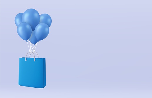3D Flying Shopping bag on Balloons isolated on background. Banner template with empty copy space. Online shopping concept. 3d rendering. Vector illustration
