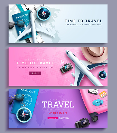 Travel promo vector banner set design. Time to travel text promotion with special discount offer collection for business trip travelling sale. Vector illustration.