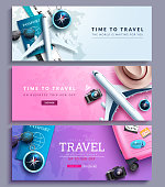 istock Travel promo vector banner set design. Time to travel text promotion with special discount offer collection for business trip travelling sale. Vector illustration. 1406854777