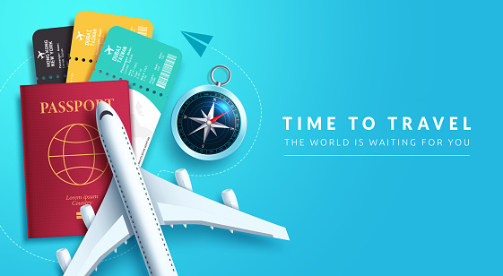 Travel time vector background design. Time to travel text in blue space with 3d tourist elements of airplane, passport and tickets for around the world travelling. Vector illustration.