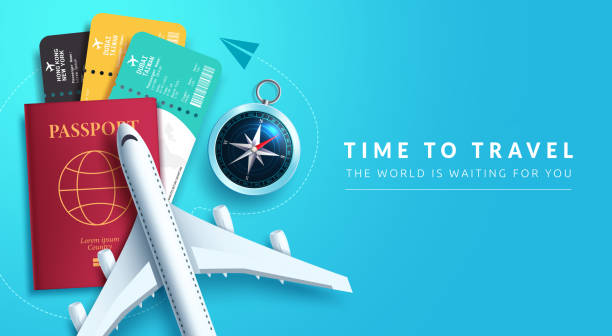 Travel time vector background design. Time to travel text in blue space with 3d tourist elements of airplane, passport and tickets for around the world travelling. Travel time vector background design. Time to travel text in blue space with 3d tourist elements of airplane, passport and tickets for around the world travelling. Vector illustration. airplane backgrounds stock illustrations