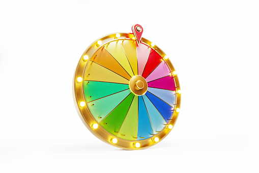 Wheel of fortune on white background. Horizontal composition with copy space. Clipping path is included.
