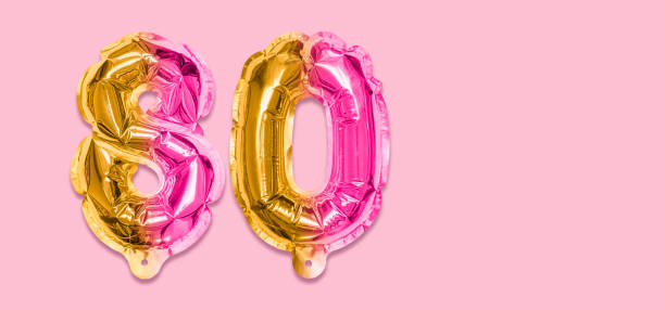 istock Rainbow foil balloon number, digit eighty on a pink background. Birthday greeting card with inscription 80. 1406856490