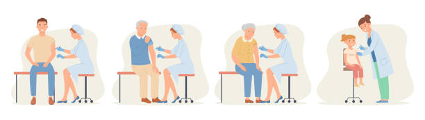 Nurses vaccinating people with vaccine injection for diseases and viruses prevention. Nurses vaccinating people with vaccine injection for diseases and viruses prevention. Vaccination of adults, children and aged patients. Colored flat vector illustration isolated on white background. senior getting flu shot stock illustrations