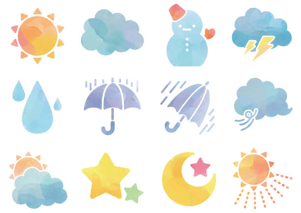 Watercolor style weather icon set Watercolor style weather icon set gale illustrations stock illustrations